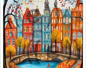 fabric panel - DI (1) - world cities - Amsterdam - The Netherlands. For sewing, patchwork, quilting. Fabric panels appliqué, Amsterdam panel