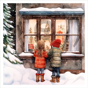 Peut inclure: Peinture à l'aquarelle de deux enfants regardant par une fenêtre des décorations de Noël. L'un porte un manteau à carreaux rouges, l'autre un manteau vert et un bonnet rouge. La neige tombe autour de la maison et un sapin enneigé est à gauche.