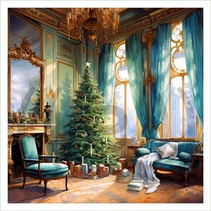 Peut inclure: Un sapin de Noël décoré se trouve dans une pièce aux murs bleu sarcelle, avec une cheminée et un lustre. Un fauteuil bleu sarcelle et un canapé assorti avec un jeté blanc sont présents. De grandes fenêtres avec des rideaux bleu sarcelle.