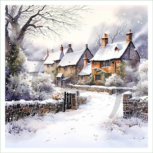 Może przedstawiać: Akwarela przedstawiająca śnieżną scenę wiejską z rzędem kamiennych domów o śnieżnych dachach. Domy otoczone są drzewami i kamiennym murem. Ścieżka prowadzi przez śnieg do bramy na pierwszym planie.