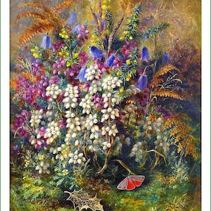 May include: An oil painting depicting a dense cluster of white, pink, and purple heather flowers, blue bell-shaped blossoms, and yellow gorse. A red moth rests on the mossy ground near a skeletal leaf. The artist signature A.D. Lucas 1878 is visible.