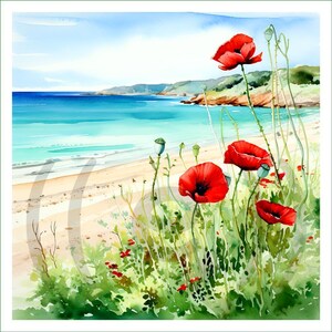 Pode incluir: Uma pintura em aguarela que retrata uma cena costeira com papoilas vermelhas vibrantes em primeiro plano. O fundo apresenta uma praia de areia, água do mar turquesa e uma costa rochosa distante sob um céu azul brilhante e limpo.
