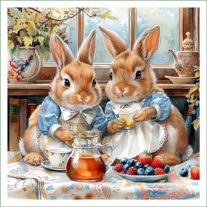 Op de afbeelding: Twee bruine konijnen in blauwe en witte jurken zitten aan een tafel met een theepot, theekopjes en een kom met blauwe bessen en aardbeien.