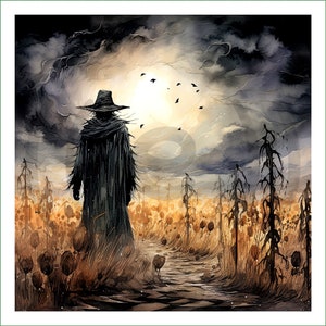 May include: A shadowy figure wearing a long black coat and a wide-brimmed hat stands in a field of dried plants. The sky is dark and stormy, with a few birds flying overhead.