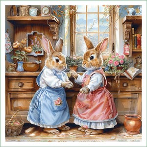 Op de afbeelding: Twee schattige konijnen in blauwe en roze jurken staan in een keuken. Het konijn links draagt een blauwe jurk met witte kant en een bloemenmotief. Het konijn rechts draagt een roze jurk met witte kant. Beide konijnen hebben lange oren en bruine ogen.