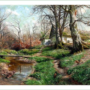 May include: A painting depicting a small white cottage with a thatched roof, situated in a verdant forest. A wooden bridge spans a stream in the foreground, with a path leading towards the cottage. The trees are bare, hinting at a springtime scene.