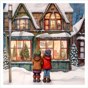 May include: Two children stand in the snow, wearing a brown coat with a green hat and a red coat with a purple hat, looking into the illuminated windows of a shop decorated with Christmas trees and gifts during a winter snowfall.