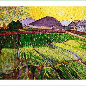 May include: A painting of a landscape with a bright yellow sun in the sky. The sun is surrounded by a yellow halo. The landscape is green and brown with a red brick wall in the foreground. There are trees and a small house in the distance.