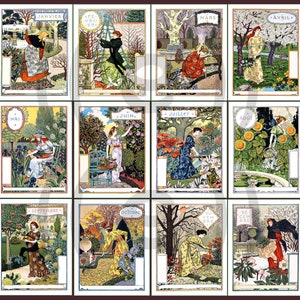 May include: A vintage illustration set of 12 images depicting a woman in a garden for each month of the year. The images are in a colorful art nouveau style with floral and botanical details. The months are labeled in French: Janvier, Fevrier, Mars, Avril, Mai, Juin, Juillet, Aout, Septembre, Octobre, Novembre, Decembre.