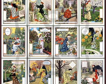 fabric panels - serie of 12 months of the year from Eugene Grasset. For sewing, patchwork, quilting. Fabric, fabric panels, quilt panels