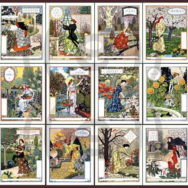 fabric panels - serie of 12 months of the year from Eugene Grasset. For sewing, patchwork, quilting. Fabric, fabric panels, quilt panels