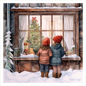 Könnte beinhalten: Aquarellillustration von zwei Kindern, die durch ein Fenster auf einen geschmückten Weihnachtsbaum blicken. Ein Kind trägt ein rot-braun gestreiftes Hemd, das andere einen blauen Mantel. Beide tragen rote Mützen und braune Stiefel, mit Schnee auf der Fensterbank.