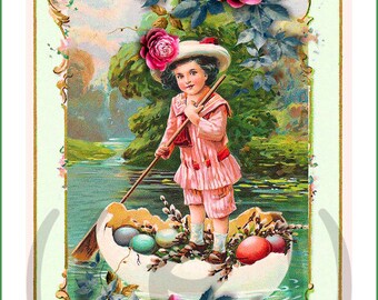 May include: A vintage Easter illustration of a child in a pink dress and white hat rowing a boat made of an eggshell. The boat is filled with colorful Easter eggs and surrounded by green foliage and pink roses.