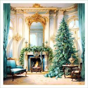 Pode incluir: Uma sala formal com uma grande árvore de Natal decorada com fitas e ornamentos, uma lareira com um espelho de moldura dourada, uma poltrona azul, uma pequena mesa de madeira com um candeeiro e cortinas azul-petróleo nas janelas.