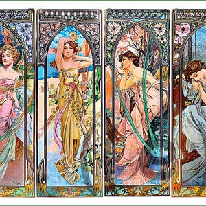 May include: A four-part art nouveau print depicting the seasons, each panel showing a woman in flowing gowns. The artwork features floral and natural elements, a decorative border, and a muted colour palette, reminiscent of Alphonse Mucha's style.