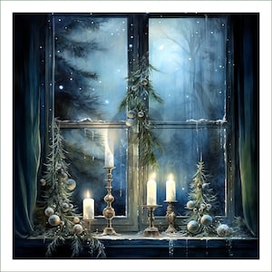 fabric panel - DI (74) - blue and green winter window. For sewing, patchwork, quilting. Fabric panels, quilt panels, quilting, Christmas