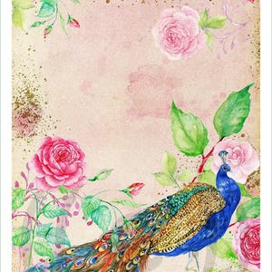 Puede incluir: Una impresión rectangular vertical que presenta un pavo real azul vibrante con una cola larga y detallada de plumas iridiscentes. El ave está rodeada de ilustraciones en acuarela de rosas rosadas, hojas verdes y destellos dorados.