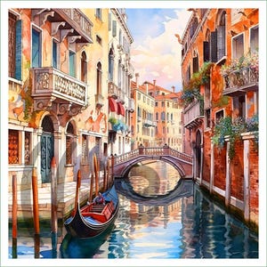 Può includere: Un dipinto ad acquerello di un canale veneziano con una gondola nera dai sedili rossi in primo piano. Edifici alti e consumati color arancio e giallo con balconi costeggiano l'acqua e un ponte in pietra ad arco attraversa il canale.