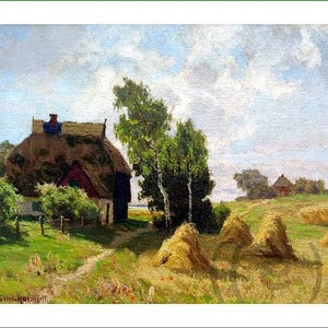 Può includere: Un dipinto a olio che raffigura un paesaggio rurale con una casa dal tetto di paglia, alti alberi di betulla e covoni di fieno dorati in un campo. Un sentiero sterrato conduce verso la casa sotto un cielo azzurro con nuvole. Firmato P. Müller-Kaempff.