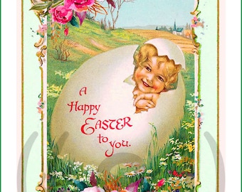 May include: A vintage Easter card featuring a baby peeking out of a cracked egg shell. The card has a green background with a gold frame and pink roses. The text on the card reads "A Happy Easter to you."