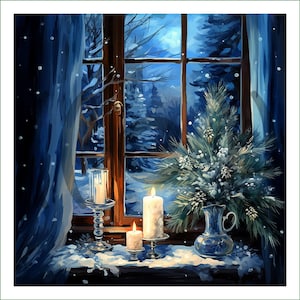 fabric panel - DI (71) - blue and green winter window. For sewing, patchwork, quilting. Fabric panels, quilt panels, quilting, Christmas