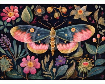 fabric panel - DI (211) - botanical moths. For sewing, patchwork, quilting. Fabric panels, quilt panels, quilting, moth, butterfly, appliqué