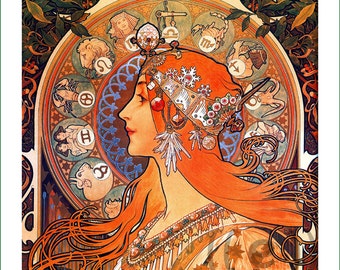 fabric panel - Alphonse Mucha (19) - v.A. For sewing, patchwork, quilting. Fabric panels, quilt panels, art nouveau fabric, Alphonse Mucha