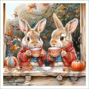 May include: Two brown rabbits wearing red jumpers sit on a windowsill with a pumpkin and autumn leaves. They are each holding a red and white teacup.