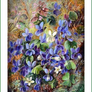 Può includere: Un dipinto a olio raffigurante un gruppo di viole nelle tonalità del viola e del bianco, con foglie verdi e altri fiori selvatici. L'opera d'arte ha un aspetto vintage, con pennellate visibili e una consistenza. Il dipinto è firmato e datato 1877.