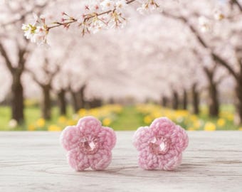 Stud Earrings Pink Flower Crochet