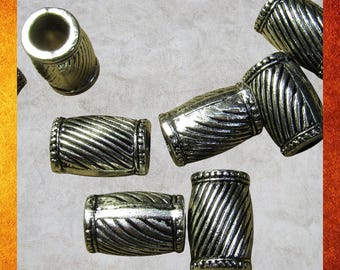 12 Metal Large Silver Barrel Tube Beads for Jewelry and Crafts. Large hole beads. Long metal beads. Hair beads. Beard beads. Bracelet beads.