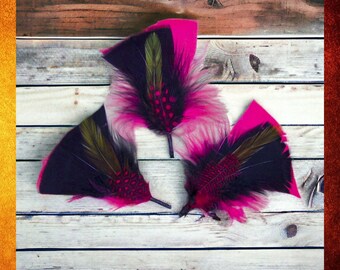 3 Colorful Feather Bunches for Jewelry and Crafts.  Pink and Black Colors.