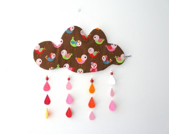 Nuage mobile "collection PIOU PIOU " avec gouttes de feutrine (rose fushia - rose - rose pâle - blanc - orange vif - orange - rouge)