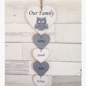 Family wall hanger, personalised sign, our family hearts, homewarming gift, present for Grandma, hanging hearts, personalised wooden hearts.