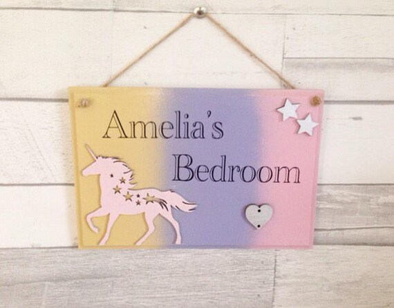 Unicorn Rainbow Colours Unicorn Themed Bedroom Door Sign Personalised Signs Girls Decor Girls Bedroom Named Door Plaque Wooden Sign