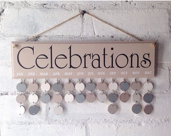 Family celebrations calendar, wooden Birthday Organiser. Neutral colour home decor,