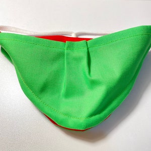 May include: Green and red fabric face mask with a white elastic band. The mask has a pleated design and is sewn with a contrasting thread.