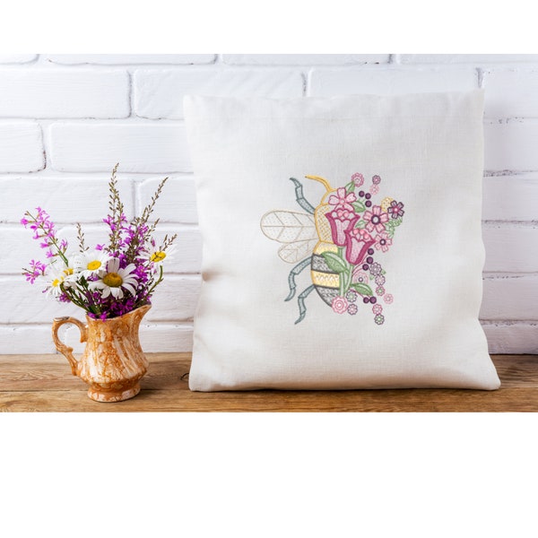 Bee Tulip Embroidered Pillow Cover for Home Decoration, house warming gift.