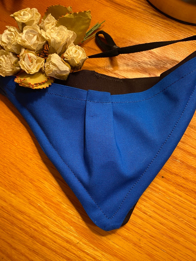May include: A blue face mask with black elastic straps and a white flower embellishment.