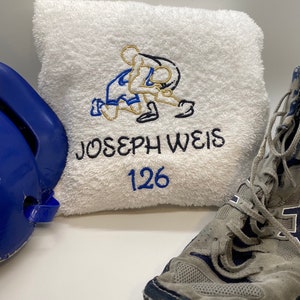 Personalized Wrestling Bath or Hand Towel. Embroidered with wrestling design, Name, Weight, School Name. Senior Night wrestling gift
