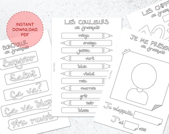 May include: Black and white printable worksheets for learning French. The worksheets include greetings, colors, and a self-introduction template. The text on the worksheets includes "Bonjour", "Salut", "Ca va?", "Ca va bien", "Au revoir", "Les Couleurs", "Rouge", "Orange", "Jaune", "Vert", "Bleu", "Violet", "Rose", "Marron", "Gris", "Noir", "Blanc", "Les Chiffres", "Je me presente", "Je m'appelle", "J'ai", "ans".