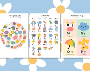 Italian Alphabet Activity Pack for kids - colouring sheets, abc flashcards, learning games, abc poster printable