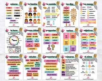 May include: Colorful flashcards with Spanish vocabulary words for colors, family, food, days of the week, months, time, useful phrases, questions, verbs, adjectives, opinions, greetings, introductions, numbers, and weather. Each card has a different color scheme and features illustrations.