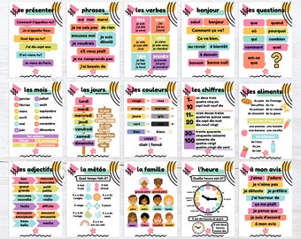 May include: A set of colorful flashcards with French vocabulary words and phrases. The flashcards are organized into categories such as greetings, verbs, colors, numbers, food, and more. Each card features a different color and design.