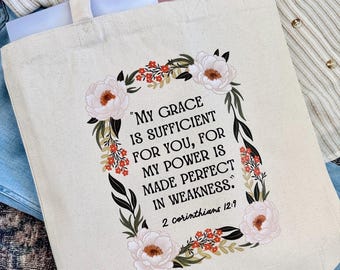 Christian Bible Verse Floral Canvas Tote Bag | 2 Corinthians 12:9 | Sunday Church Bible Study Shoulder Bag | Christian Religious Gift