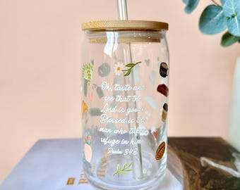 Christian Iced Coffee Glass Lidded Cup with Glass Straw | Taste and See Bible Verse Floral Cottagecore Water Cup Drinkware | Christian Gifts