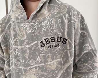 Kids Faded Camo Jesus is King Christian Hoodie Sweatshirt