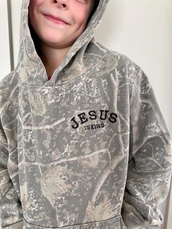 Kids Faded Camo Jesus is King Christian Hoodie Sweatshirt