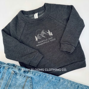 Fearfully and Wonderfully Made Embroidered Pullover for Baby Toddler Kids | Mountain Sweatshirt | Bible Verse Christian Sweatshirt
