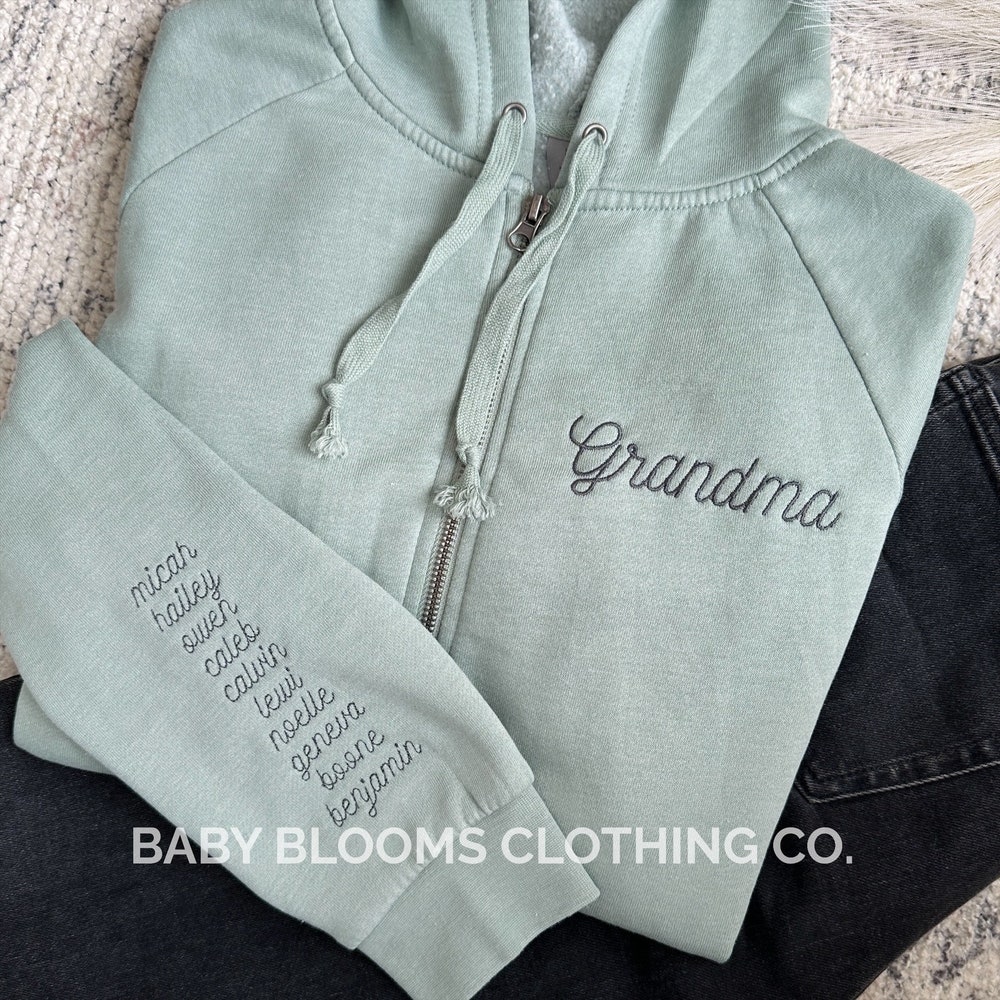 Customizable Grandma Embroidered Zip Hoodie Jacket | Grandkids Names, Hearts Date Established On Sleeve | Mother'S Day | Gift For Grandma